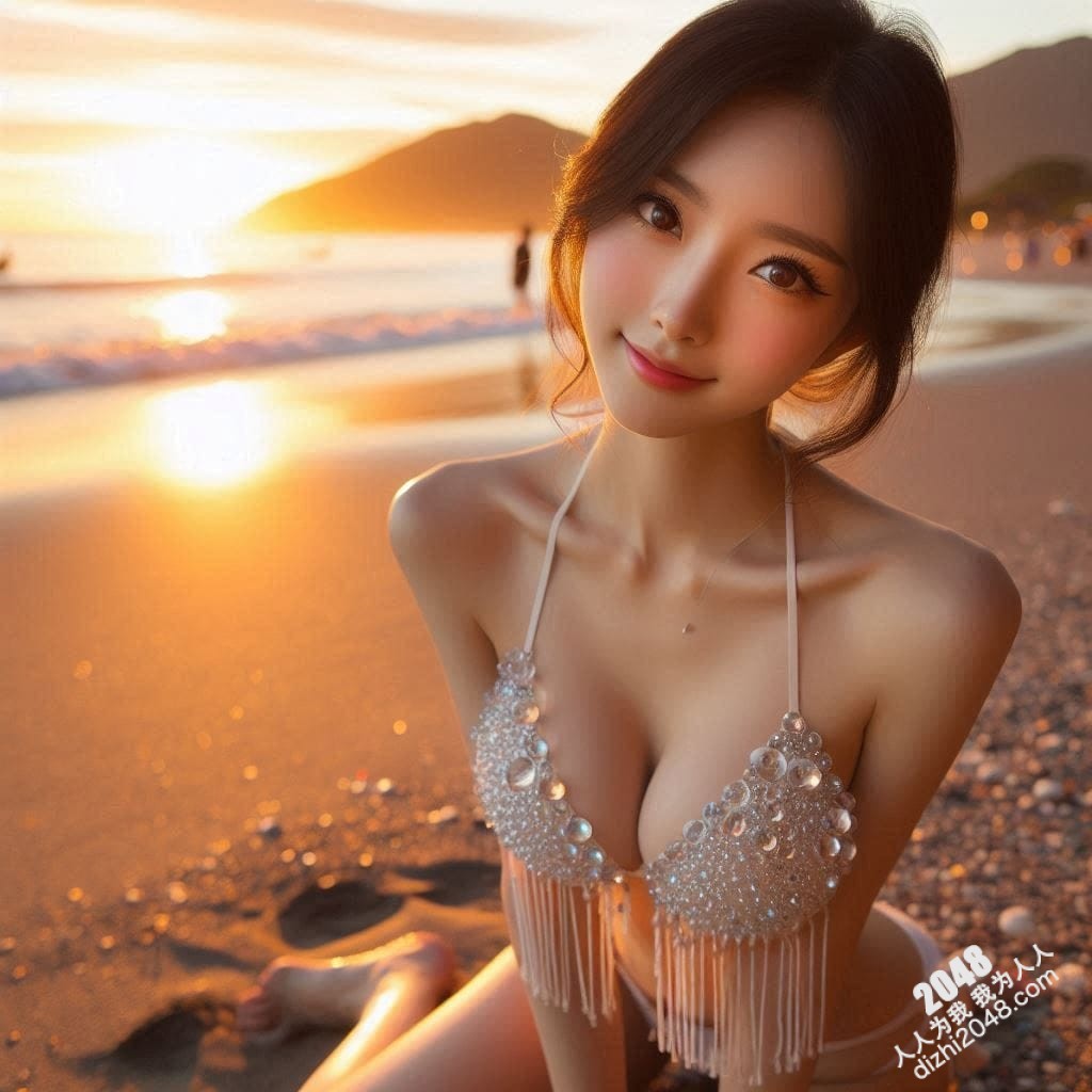 海滩上的诱惑：夕阳、沙滩和一个完美身材的女孩
