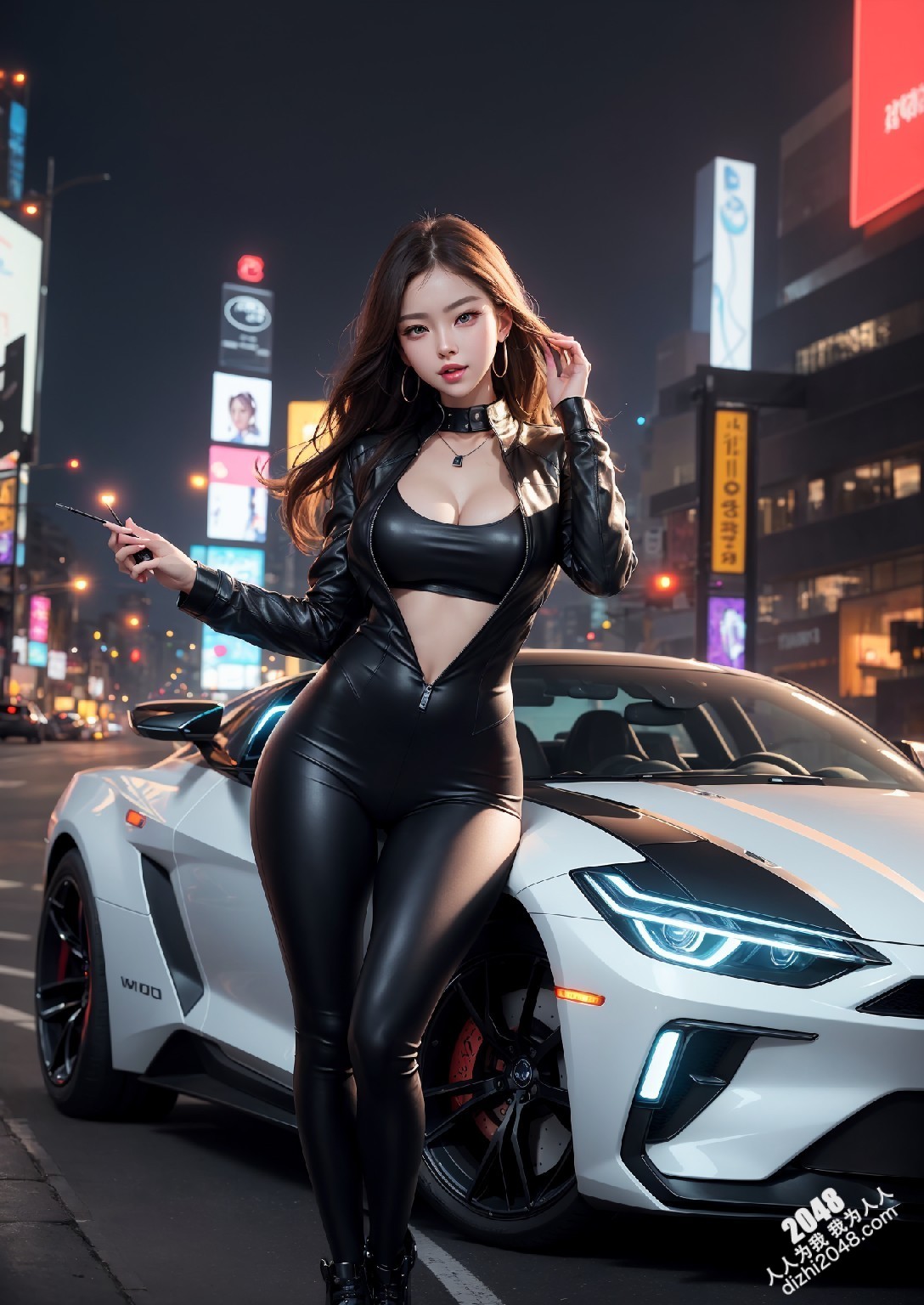 都市夜色，皮衣女郎与跑车的诱惑：性感尤物，极致魅惑，深夜的激情邂逅。
