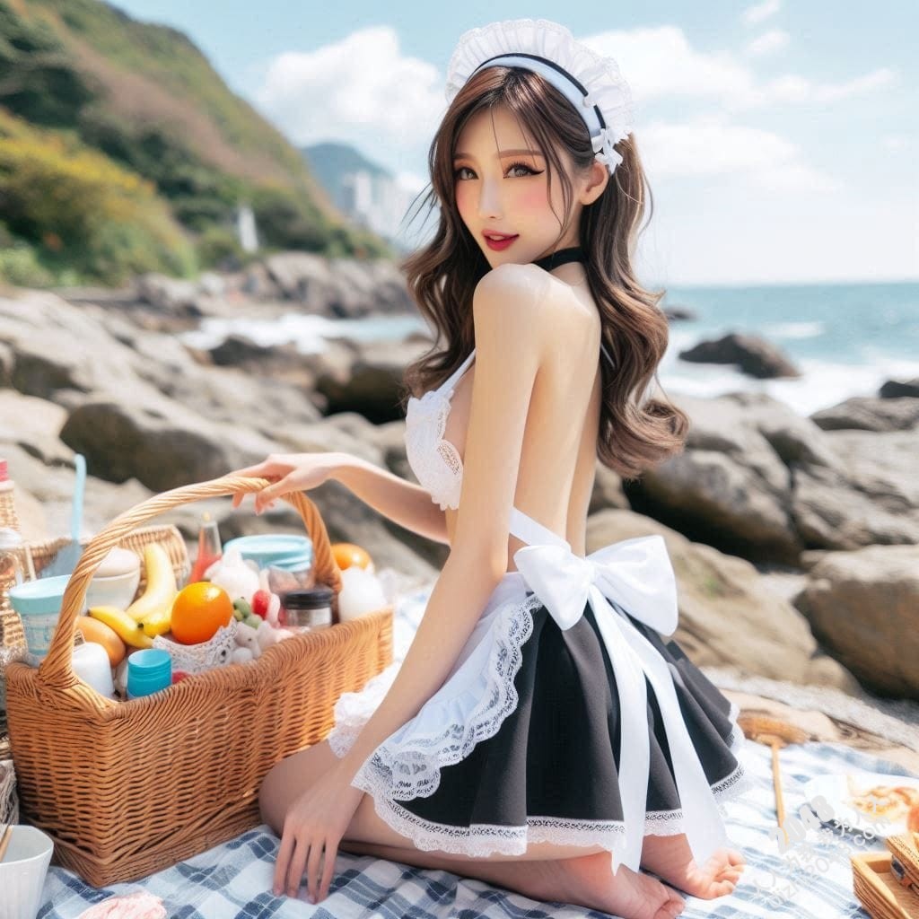 海边邂逅：女仆装扮的性感尤物，野餐盛宴与曼妙身材的完美结合