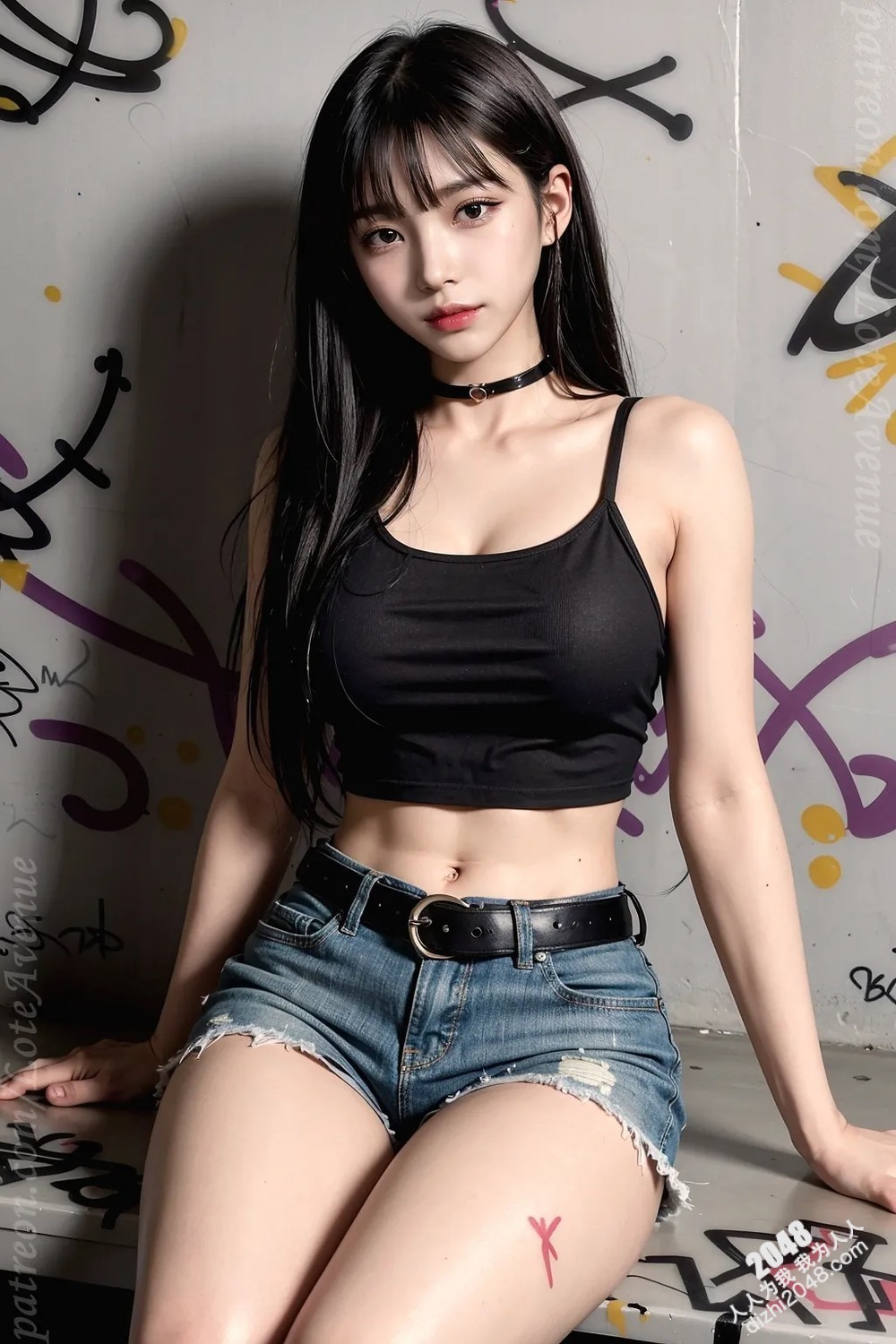 Rurina街头涂鸦性感写真：黑色小背心牛仔热裤，展现傲人曲线与魅惑眼神(2)