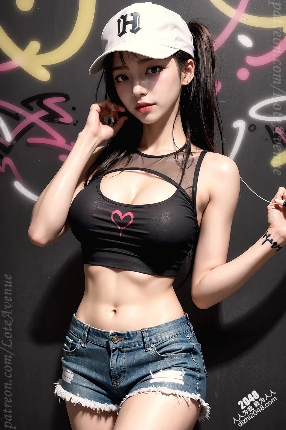 Rurina街头涂鸦性感写真：黑色小背心牛仔热裤，展现傲人曲线与魅惑眼神(4)