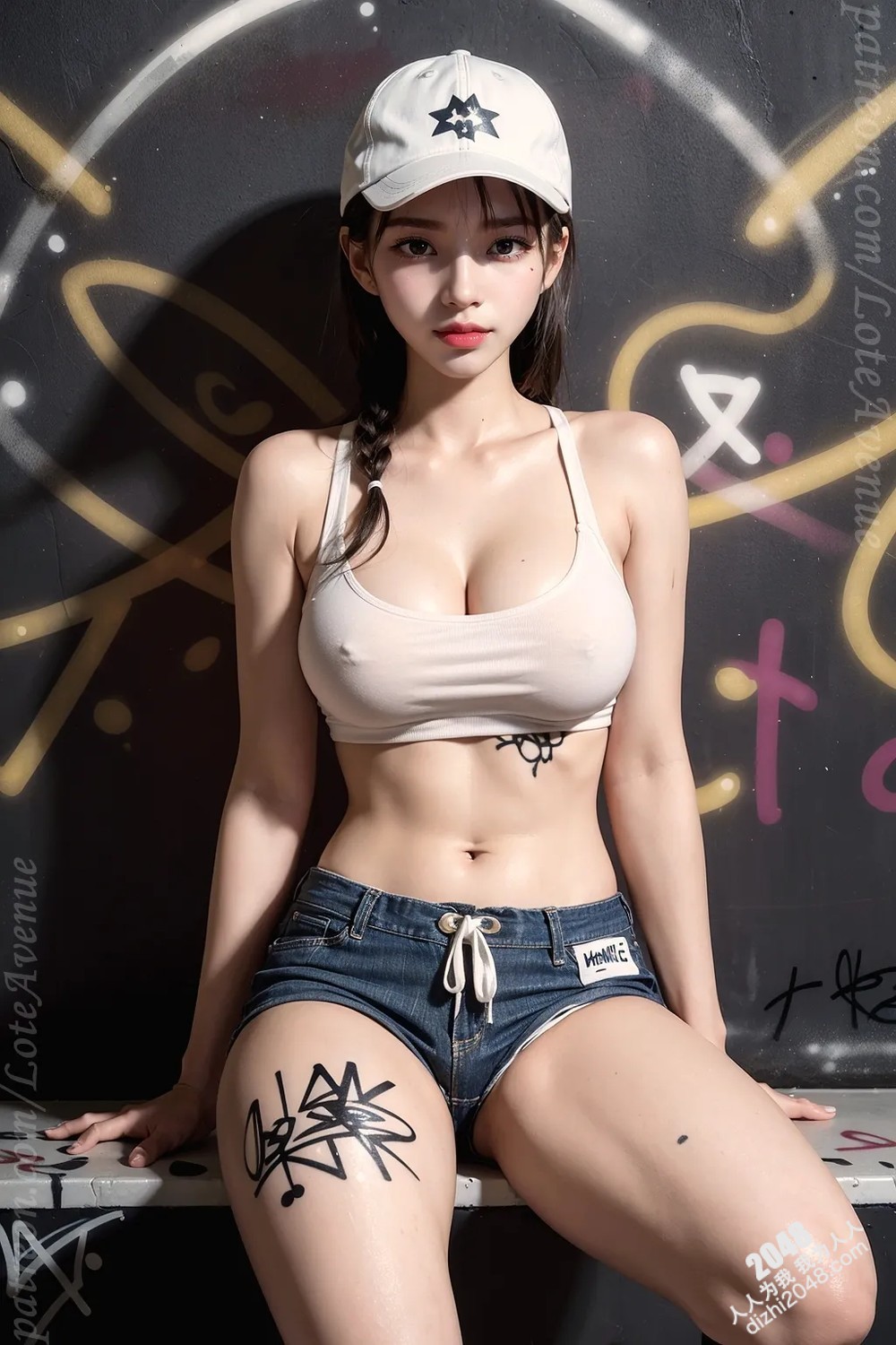 Rurina街头涂鸦性感写真：黑色小背心牛仔热裤，展现傲人曲线与魅惑眼神(9)