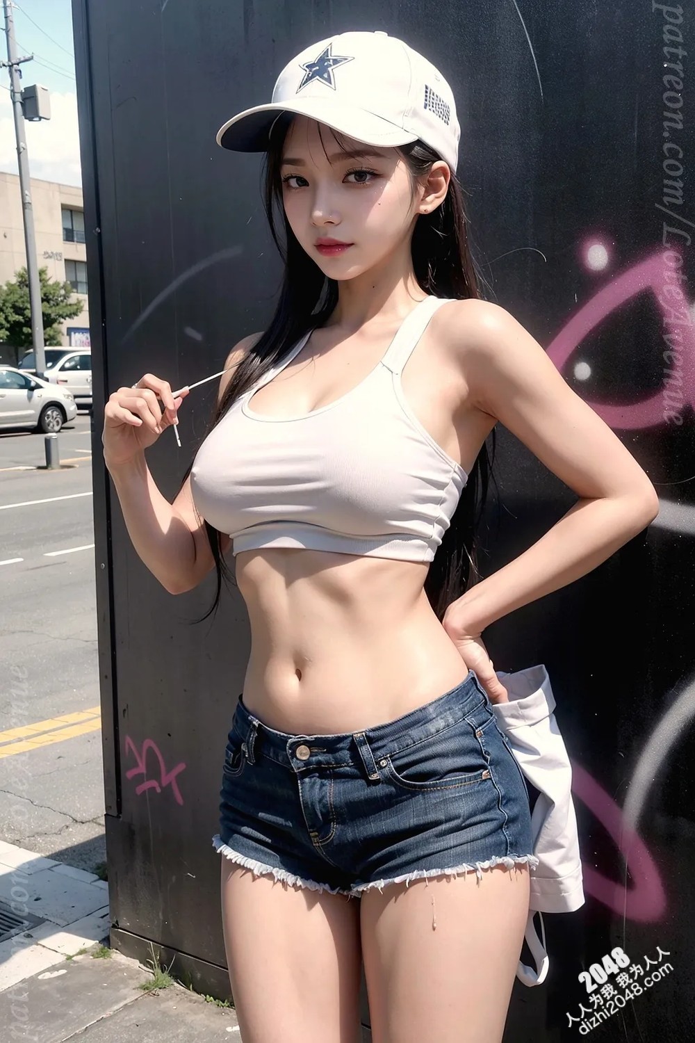 Rurina街头涂鸦性感写真：黑色小背心牛仔热裤，展现傲人曲线与魅惑眼神(16)