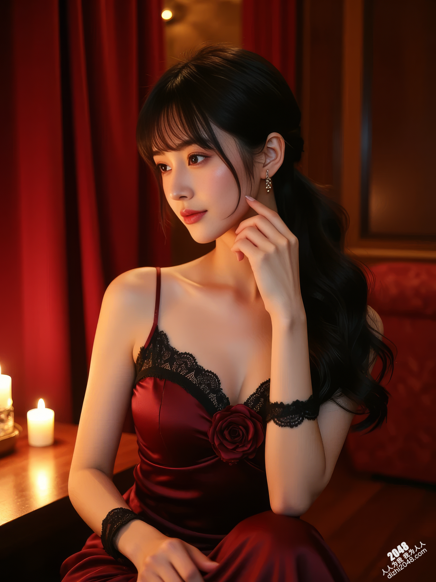 夜宴玫瑰：妡憶的秘密盛放，深V长裙下的致命诱惑，烛光中令人窒息的美丽