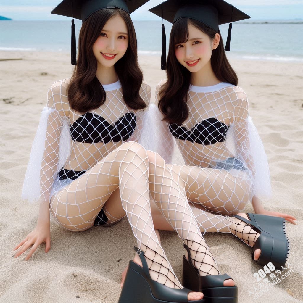 双胞胎毕业生海滩写真：白丝渔网诱惑，学士帽下的性感尤物