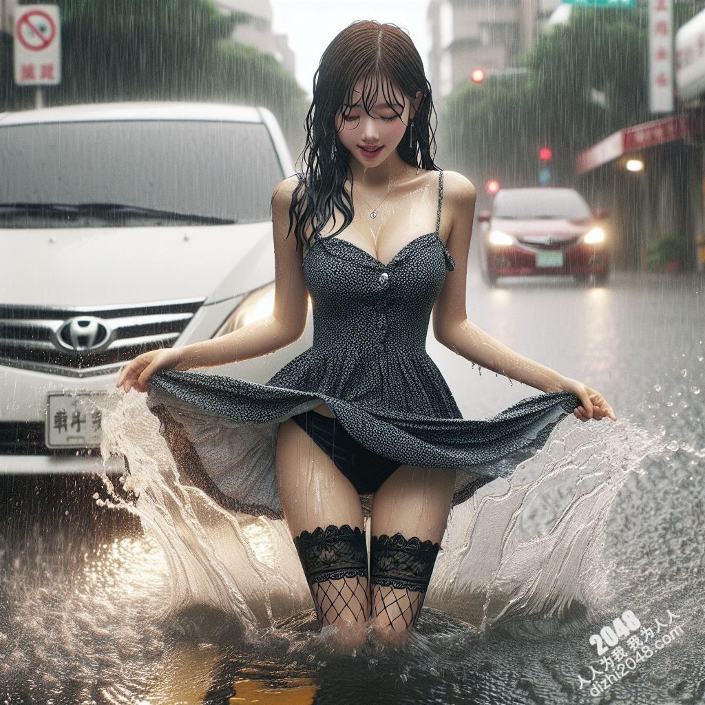 湿身诱惑：暴雨中的制服美女，雨水勾勒出曼妙曲线(18)