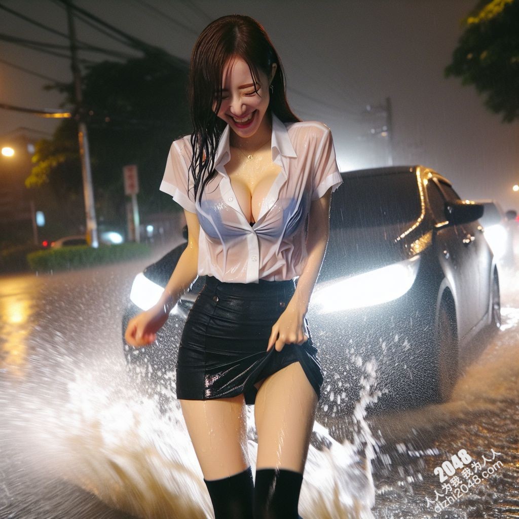 湿身诱惑：暴雨中的制服美女，雨水勾勒出曼妙曲线(37)