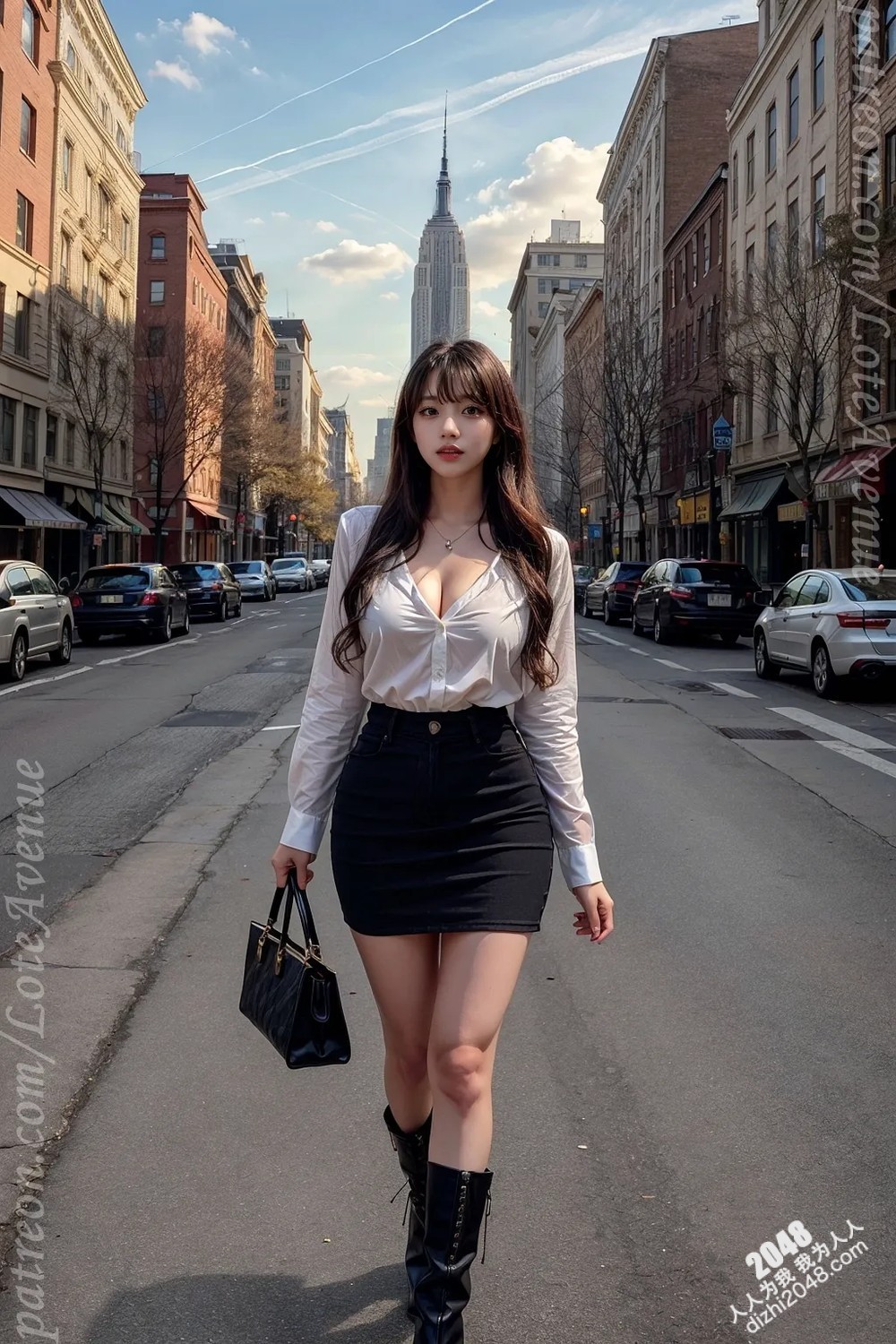 Rurina纽约曼哈顿街头诱惑：白衬衫黑短裙OL制服，饱满酥胸，修长美腿，极致魅惑(3)
