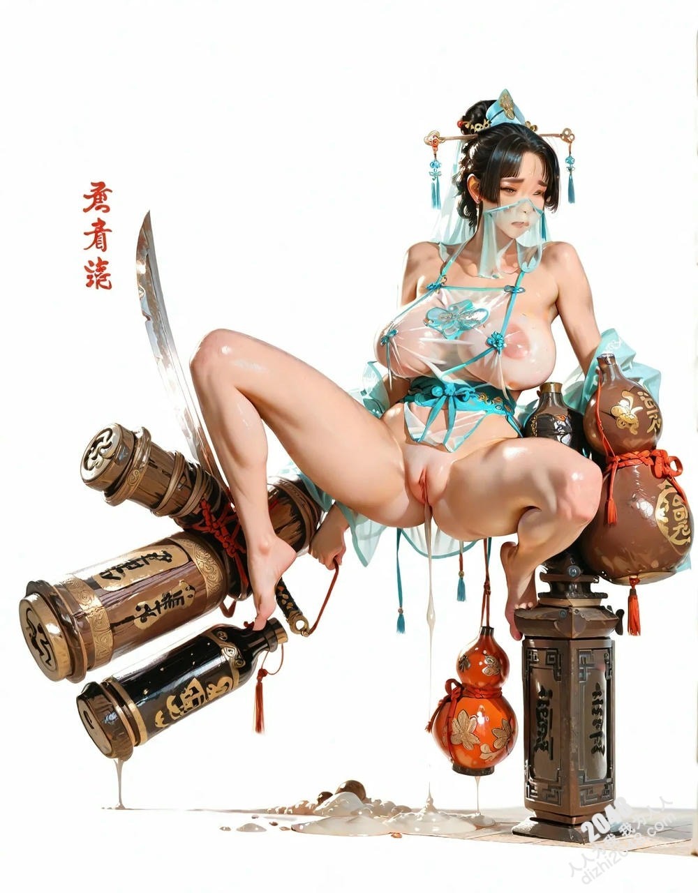 绝色仙侠少女：青衣佳人醉酒图鉴，高清诱惑壁纸，3D建模，东方韵味，古风立绘，游戏角色，国风插画(4)