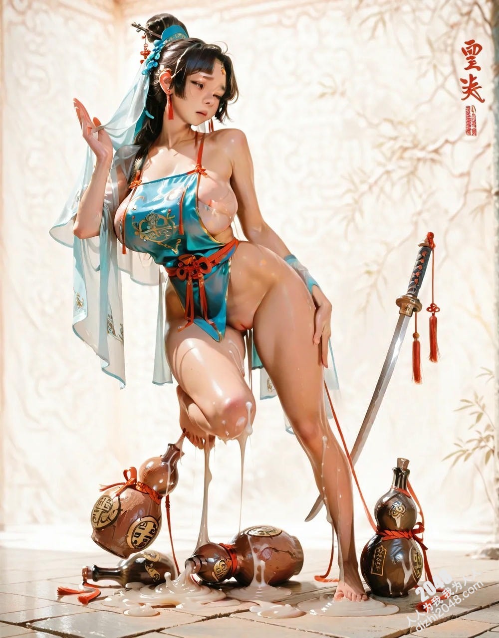 绝色仙侠少女：青衣佳人醉酒图鉴，高清诱惑壁纸，3D建模，东方韵味，古风立绘，游戏角色，国风插画(11)