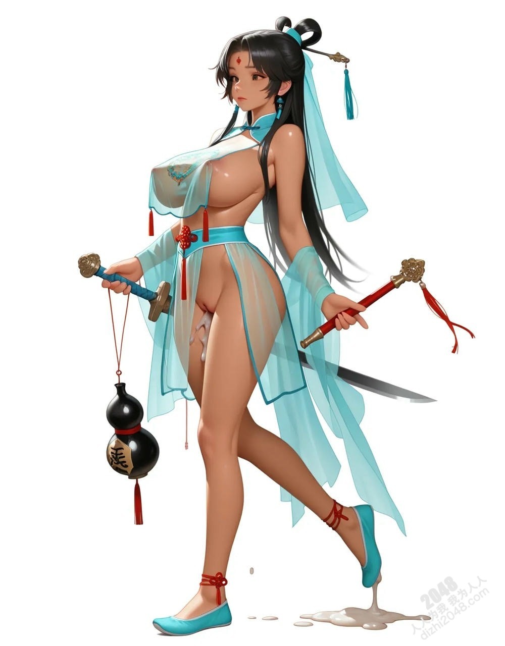绝色仙侠少女：青丝如瀑，酥胸半露，宝剑在握，步步生莲