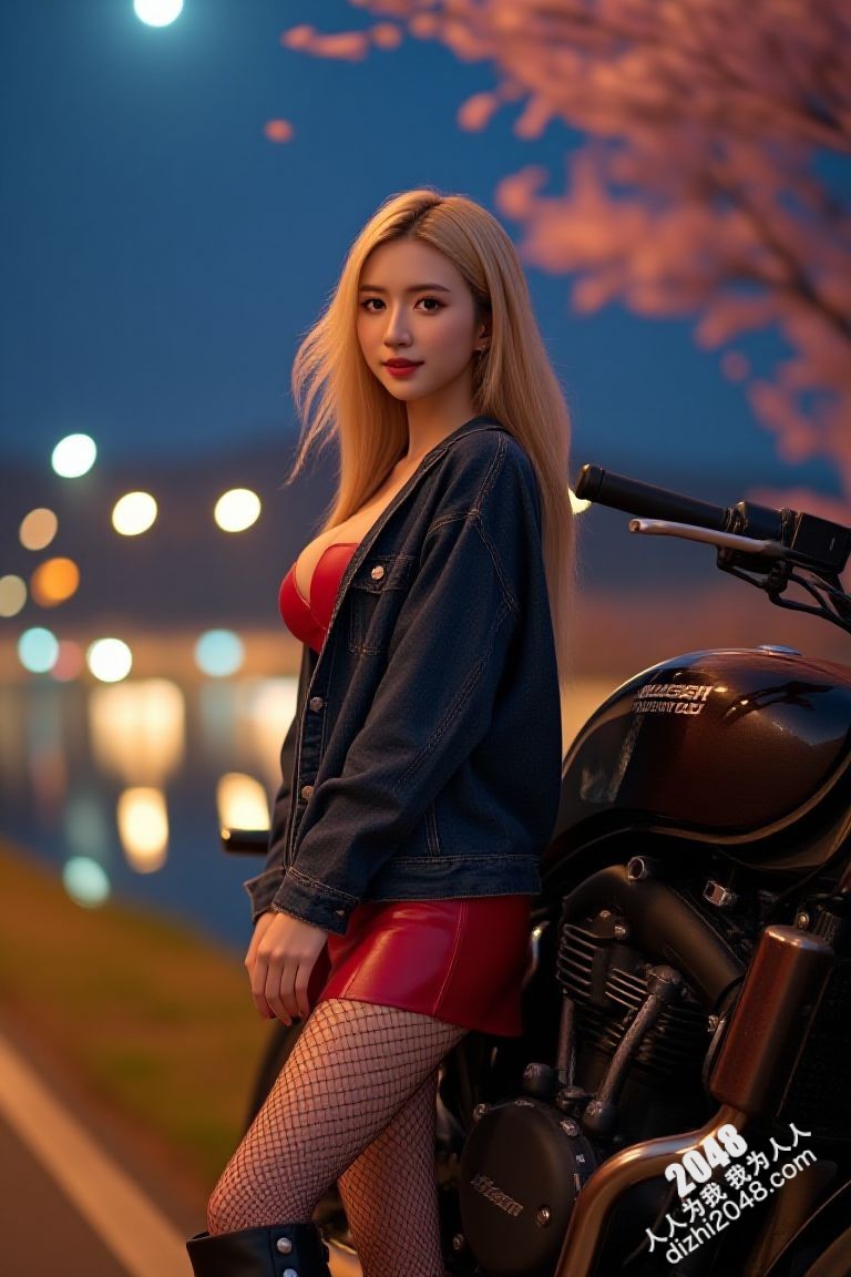 极品车模夜色魅影：性感红衣女郎与机车的激情碰撞(2)
