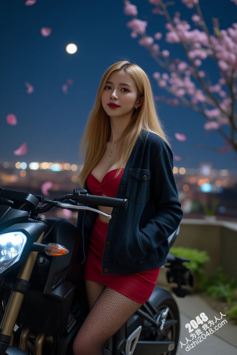 极品车模夜色魅影：性感红衣女郎与机车的激情碰撞(5)