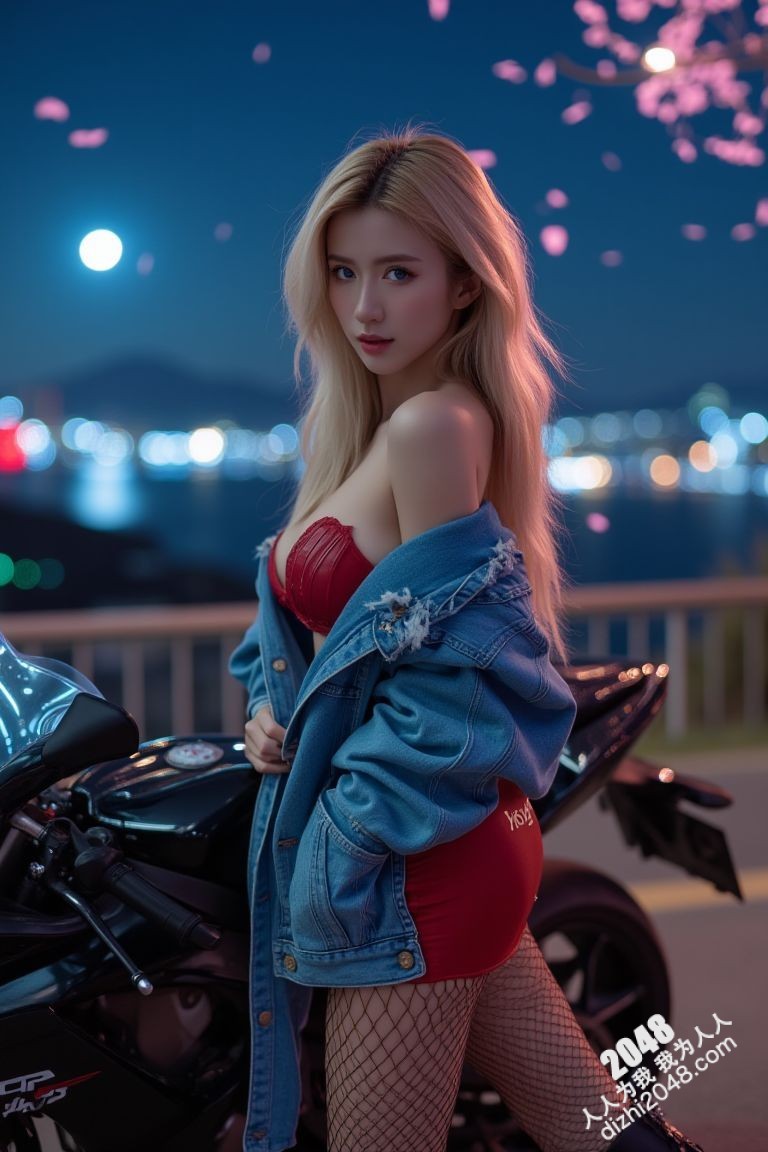 极品车模夜色魅影：性感红衣女郎与机车的激情碰撞(8)