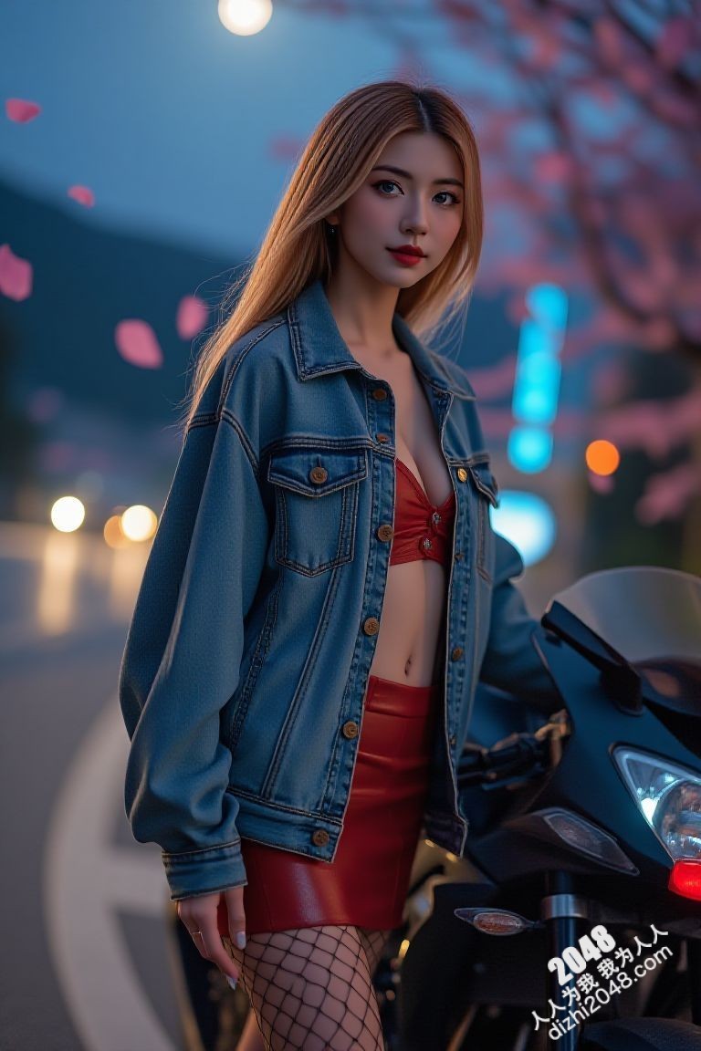 极品车模夜色魅影：性感红衣女郎与机车的激情碰撞(9)