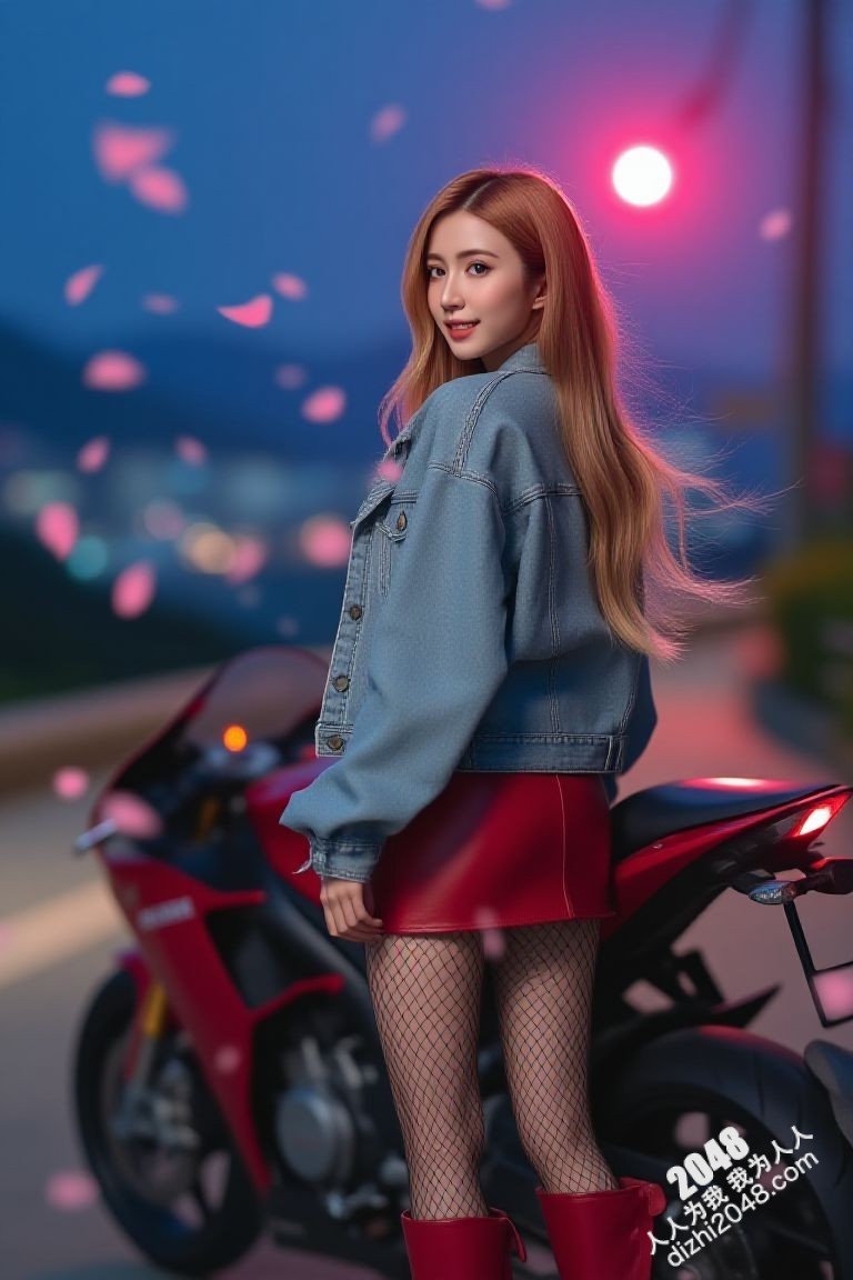 极品车模夜色魅影：性感红衣女郎与机车的激情碰撞(11)