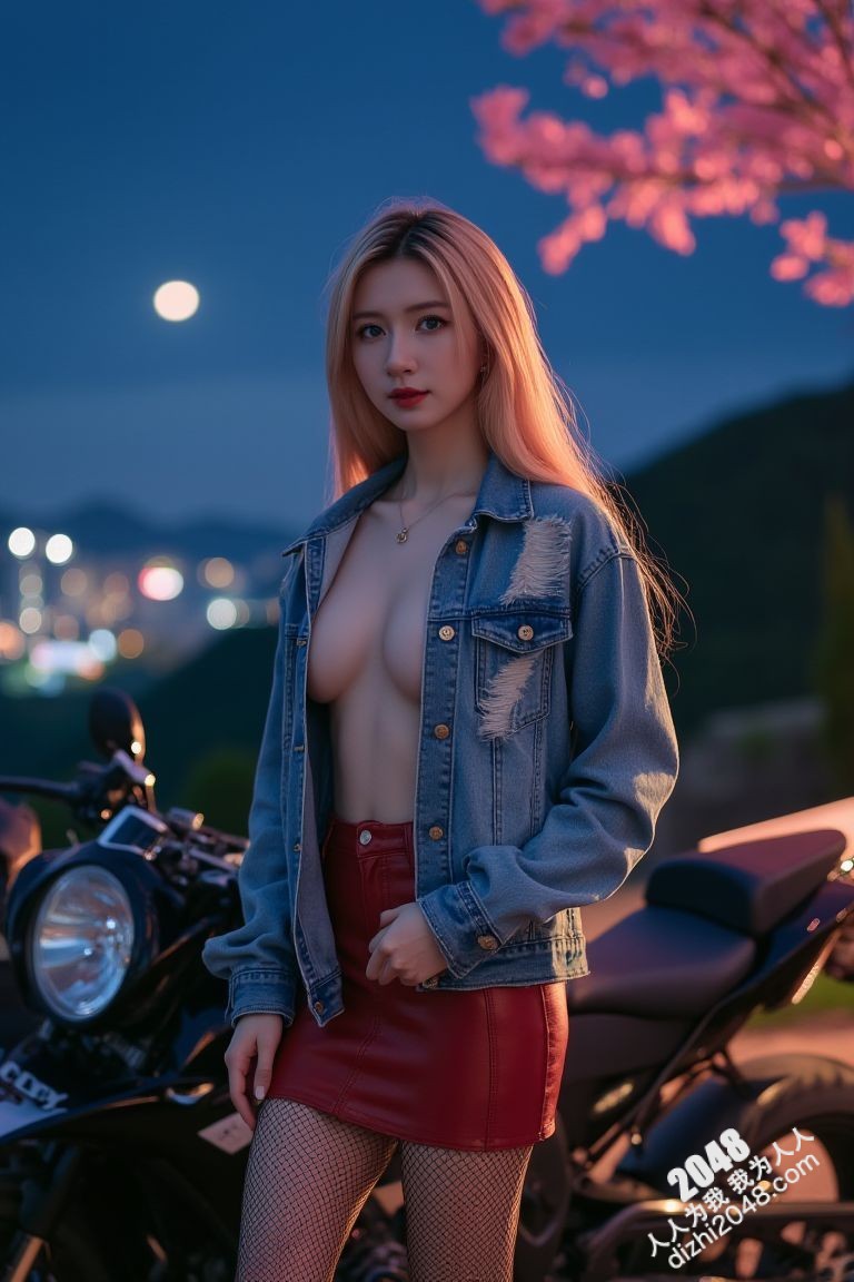 极品车模夜色魅影：性感红衣女郎与机车的激情碰撞(14)