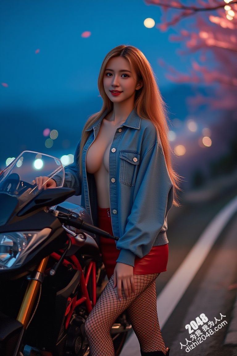 极品车模夜色魅影：性感红衣女郎与机车的激情碰撞(16)