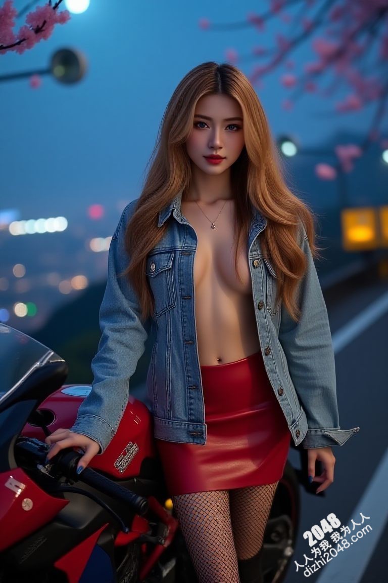 极品车模夜色魅影：性感红衣女郎与机车的激情碰撞(20)
