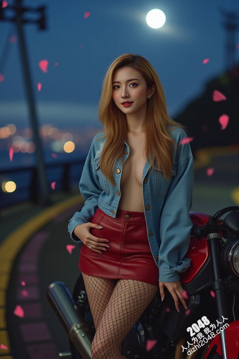 极品车模夜色魅影：性感红衣女郎与机车的激情碰撞(34)