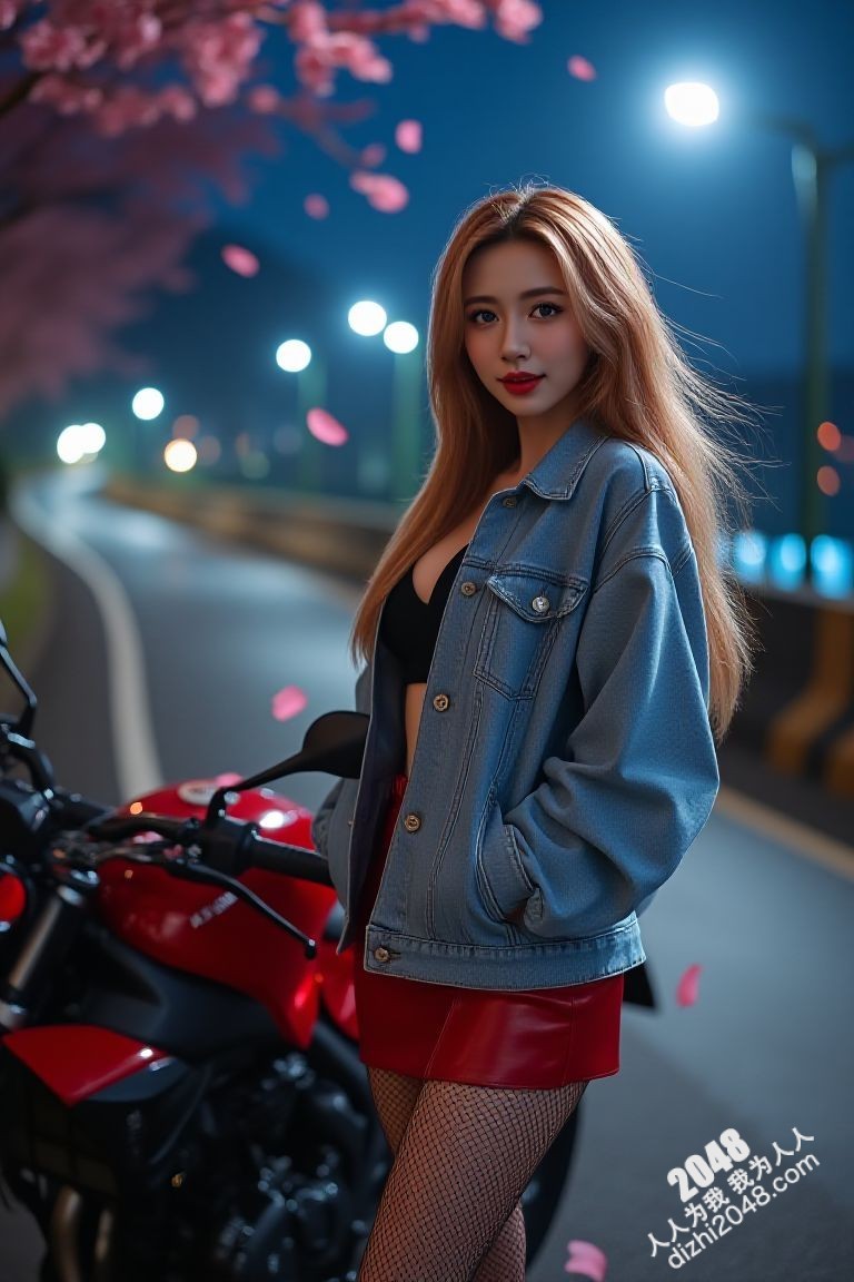 极品车模夜色魅影：性感红衣女郎与机车的激情碰撞(37)