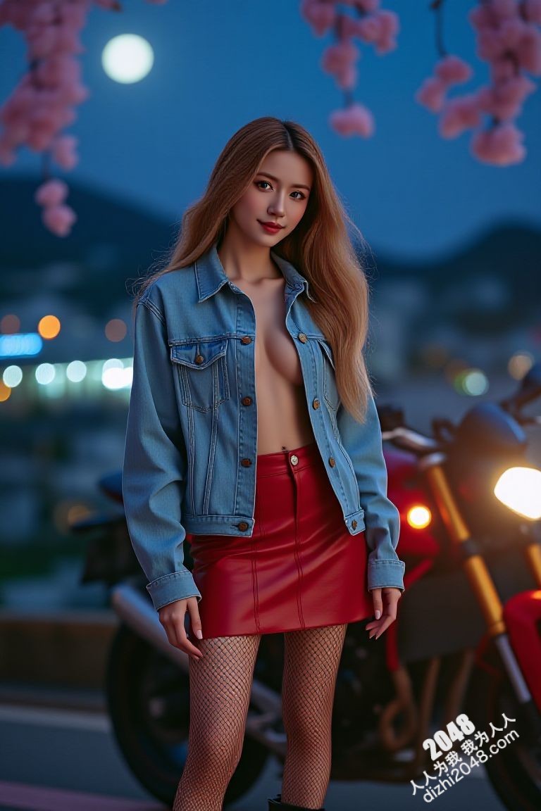 极品车模夜色魅影：性感红衣女郎与机车的激情碰撞(38)