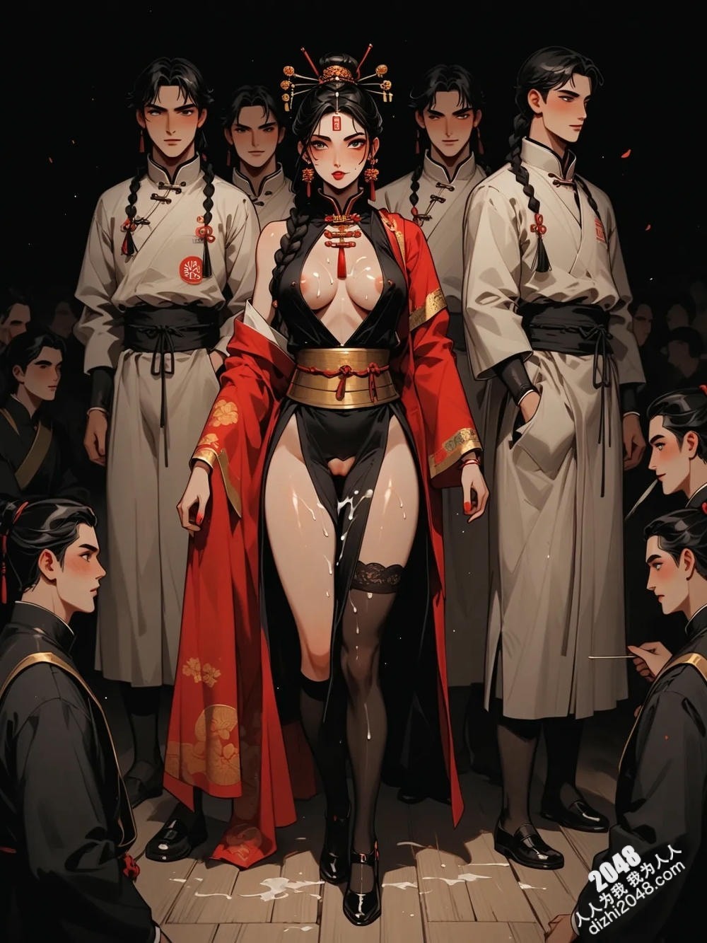 旗袍美人：青楼日常21，中式旗袍的极致诱惑，东方古典韵味的性感尤物，四个侍从环绕的暧昧场景，令人心跳加速的视觉盛宴(14)