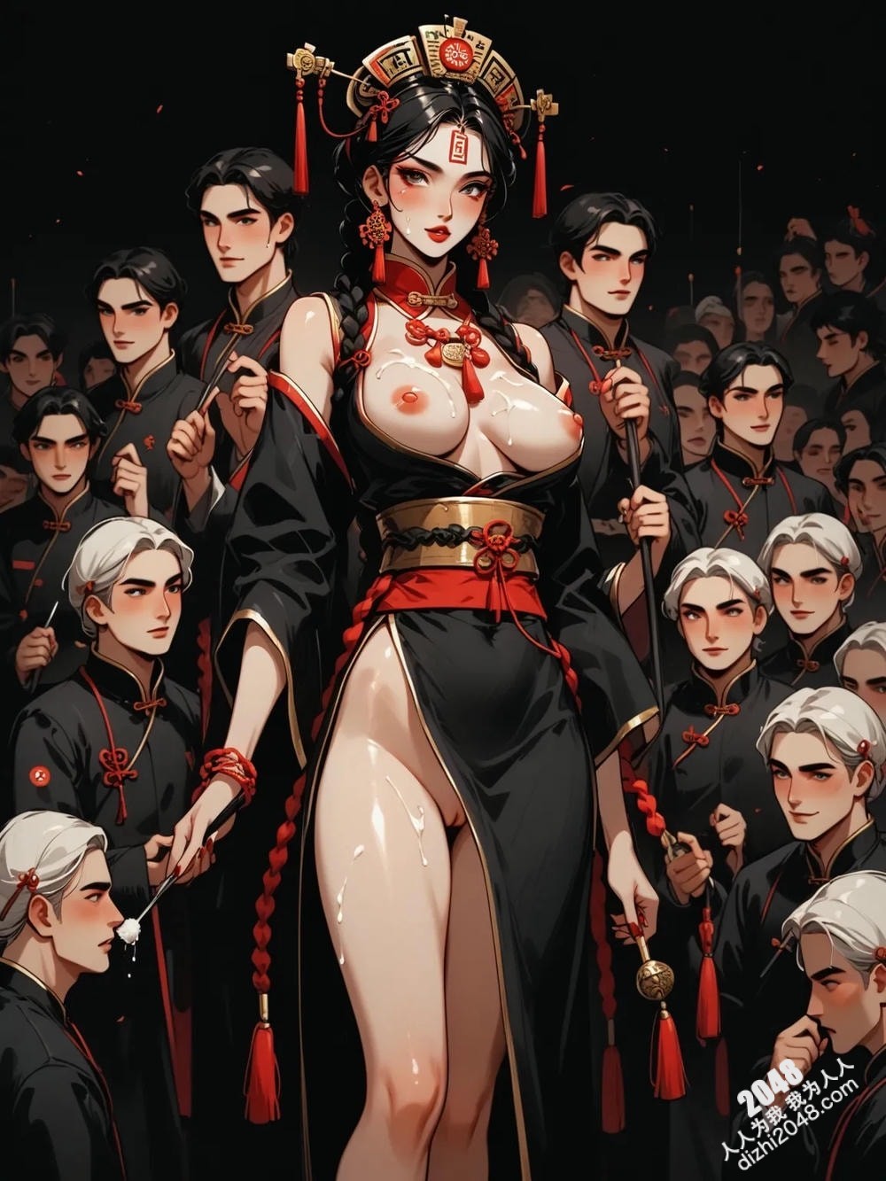旗袍美人：青楼日常21，中式旗袍的极致诱惑，东方古典韵味的性感尤物，四个侍从环绕的暧昧场景，令人心跳加速的视觉盛宴(18)