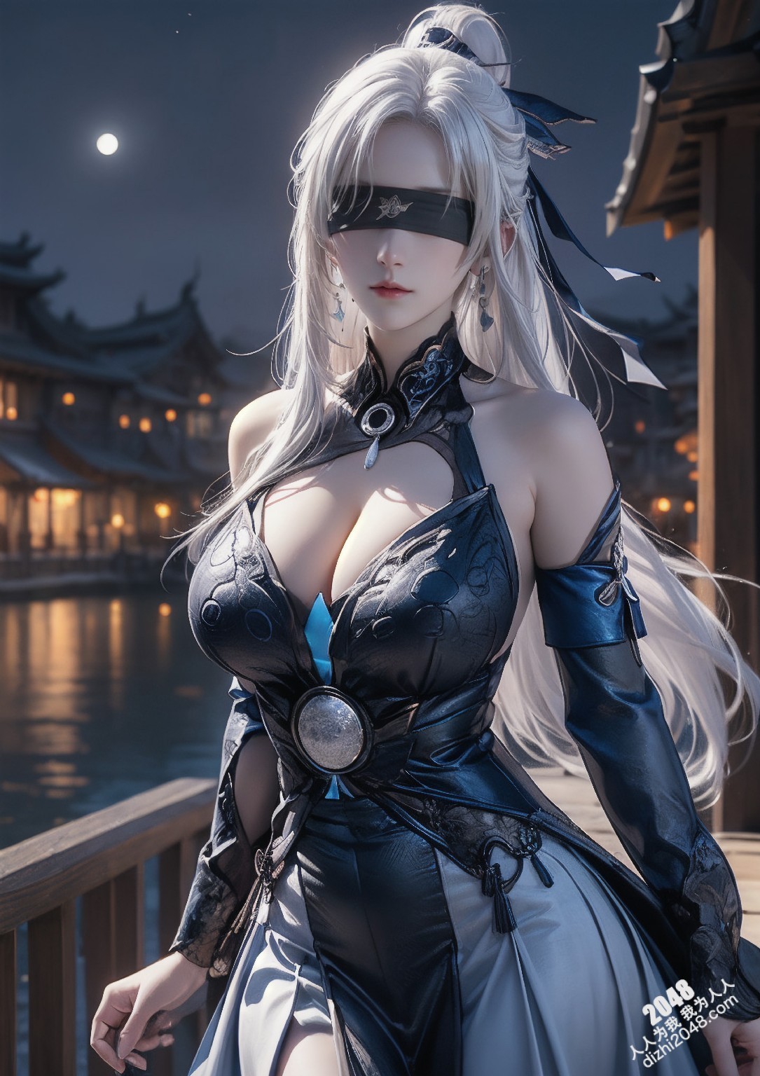 星穹铁道静流：月夜魅影，禁忌的诱惑。银发丽人，性感长袍，蒙眼神秘，东方古镇，致命吸引，禁忌之恋，角色扮演，COSPLAY