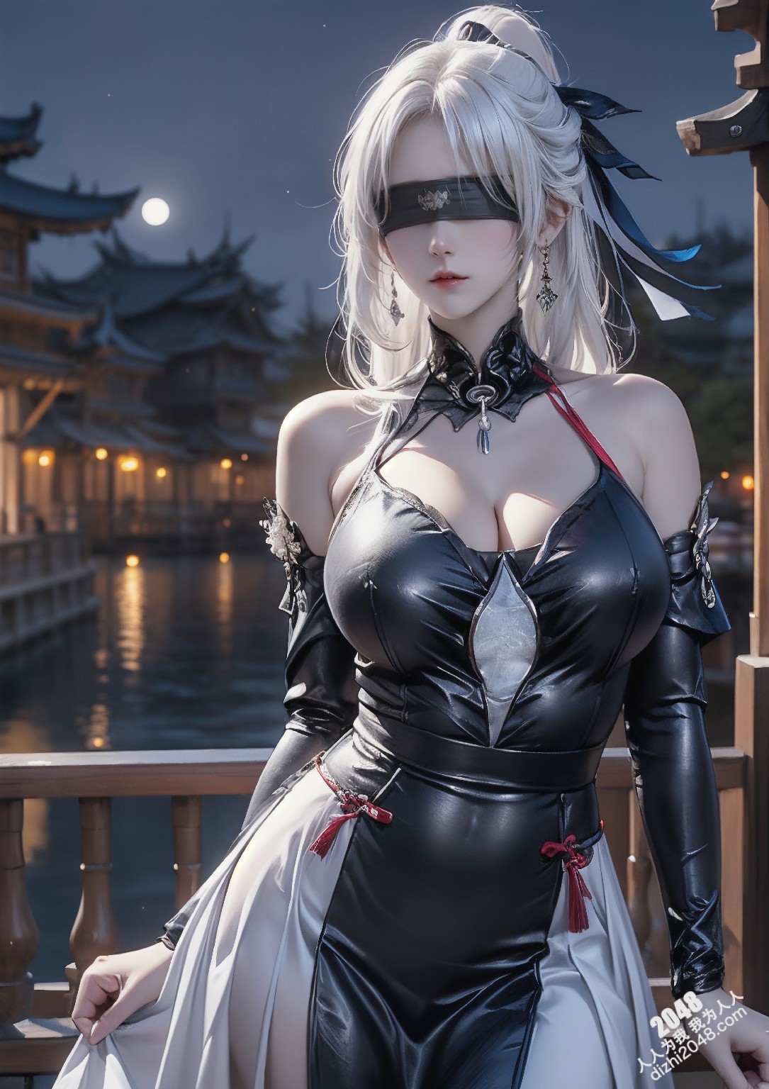 星穹铁道静流：月夜魅影，禁忌的诱惑。银发丽人，性感长袍，蒙眼神秘，东方古镇，致命吸引，禁忌之恋，角色扮演，COSPLAY(2)