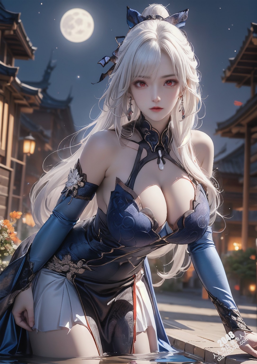 星穹铁道静流：月夜魅影，禁忌的诱惑。银发丽人，性感长袍，蒙眼神秘，东方古镇，致命吸引，禁忌之恋，角色扮演，COSPLAY(12)