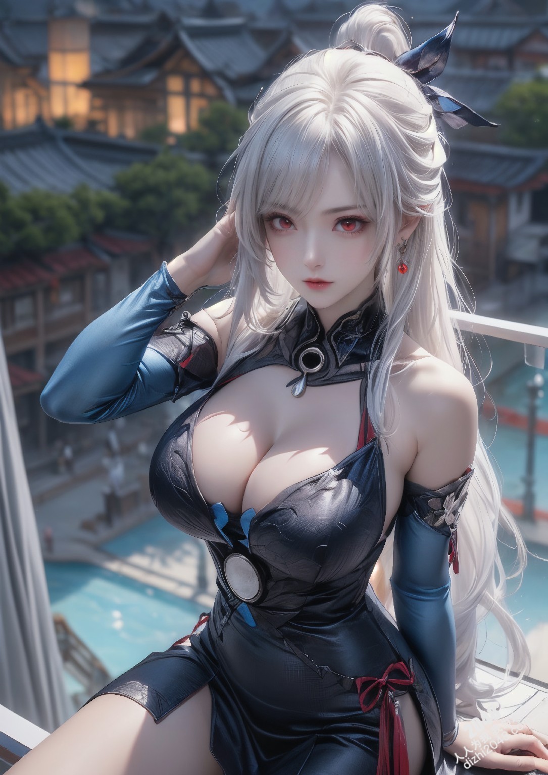 星穹铁道静流：月夜魅影，禁忌的诱惑。银发丽人，性感长袍，蒙眼神秘，东方古镇，致命吸引，禁忌之恋，角色扮演，COSPLAY(22)