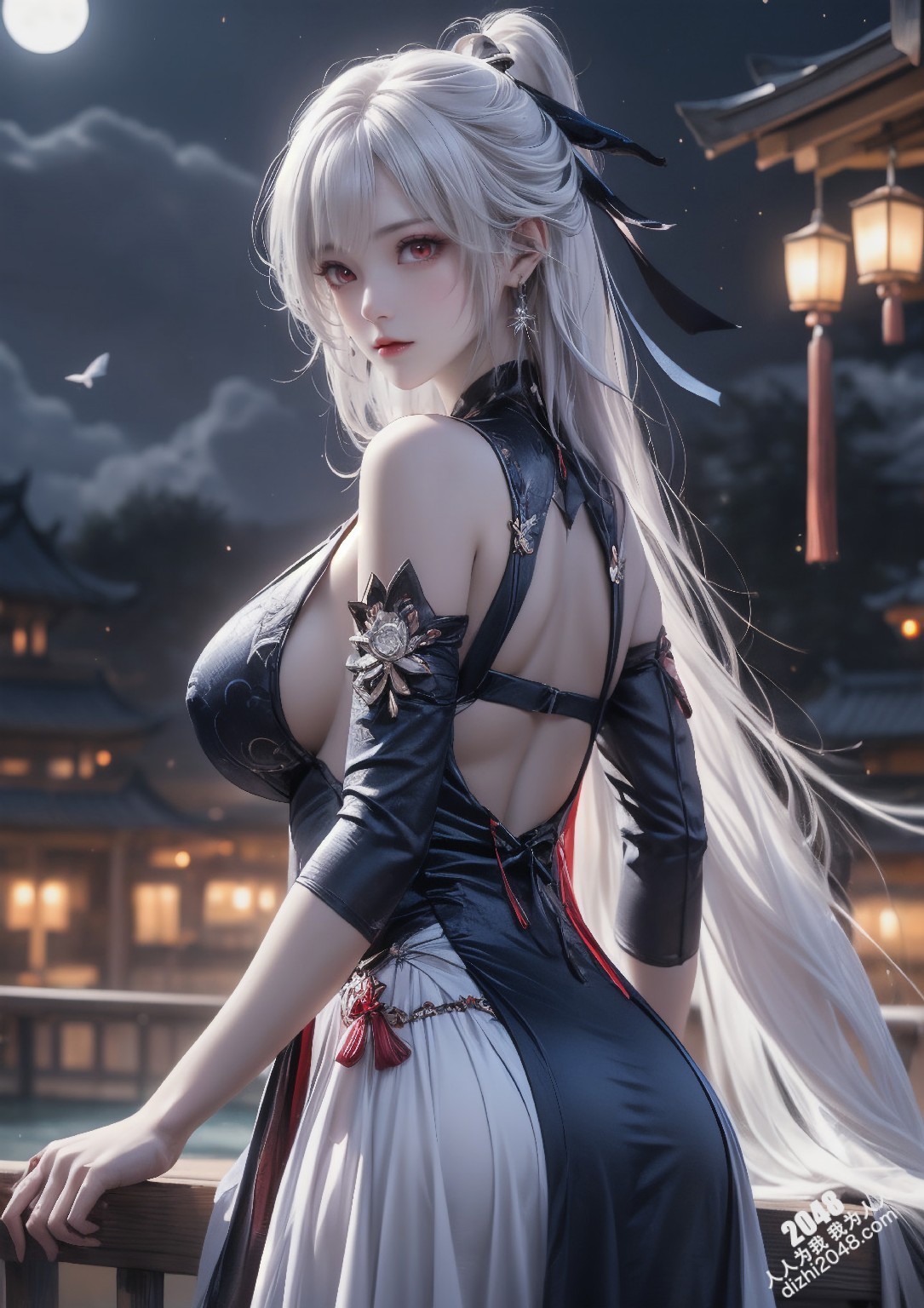 星穹铁道静流：月夜魅影，禁忌的诱惑。银发丽人，性感长袍，蒙眼神秘，东方古镇，致命吸引，禁忌之恋，角色扮演，COSPLAY(25)