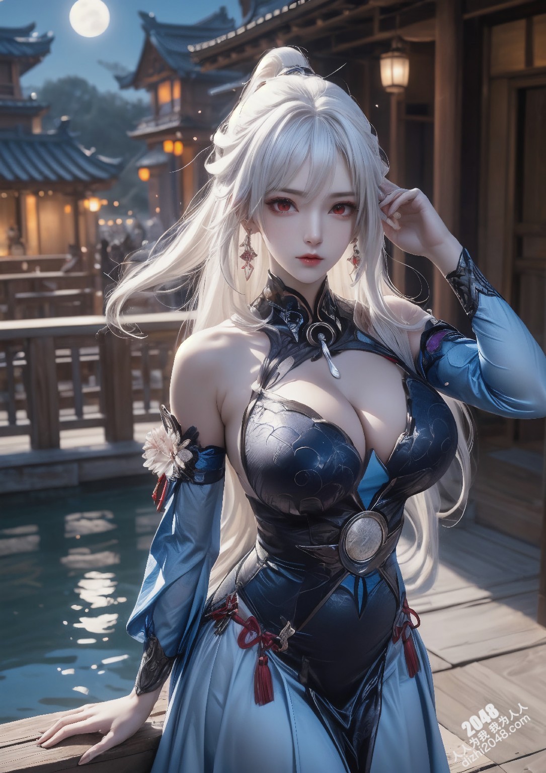 星穹铁道静流：月夜魅影，禁忌的诱惑。银发丽人，性感长袍，蒙眼神秘，东方古镇，致命吸引，禁忌之恋，角色扮演，COSPLAY(27)