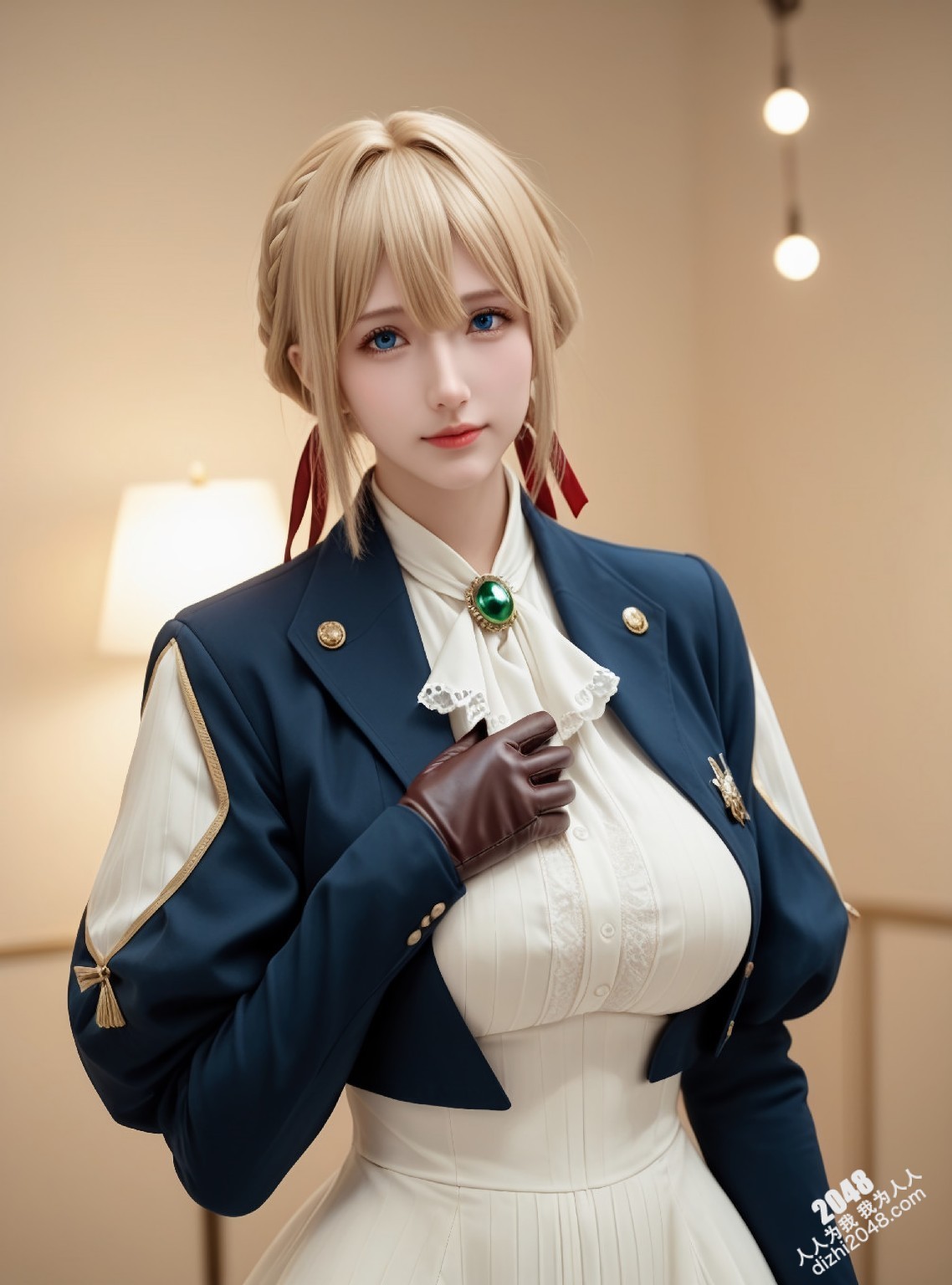 薇尔莉特cos：制服诱惑，蓝衣白衫下的曼妙曲线，纯洁与性感的完美结合(2)