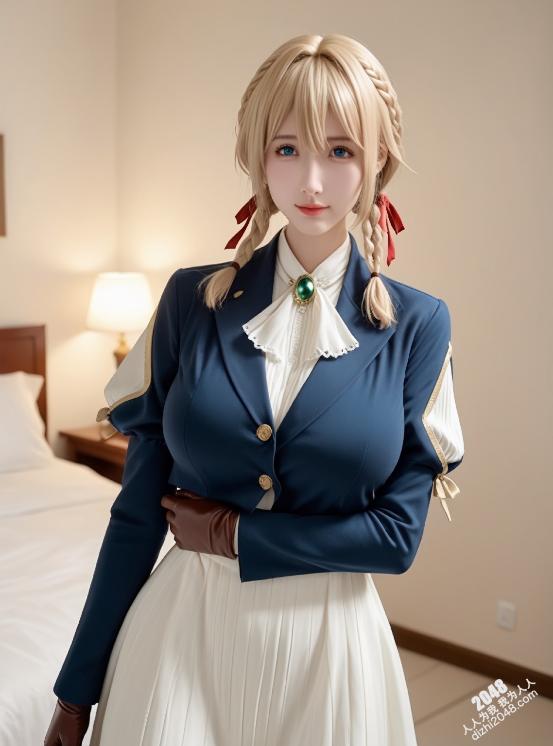 薇尔莉特cos：制服诱惑，蓝衣白衫下的曼妙曲线，纯洁与性感的完美结合(7)