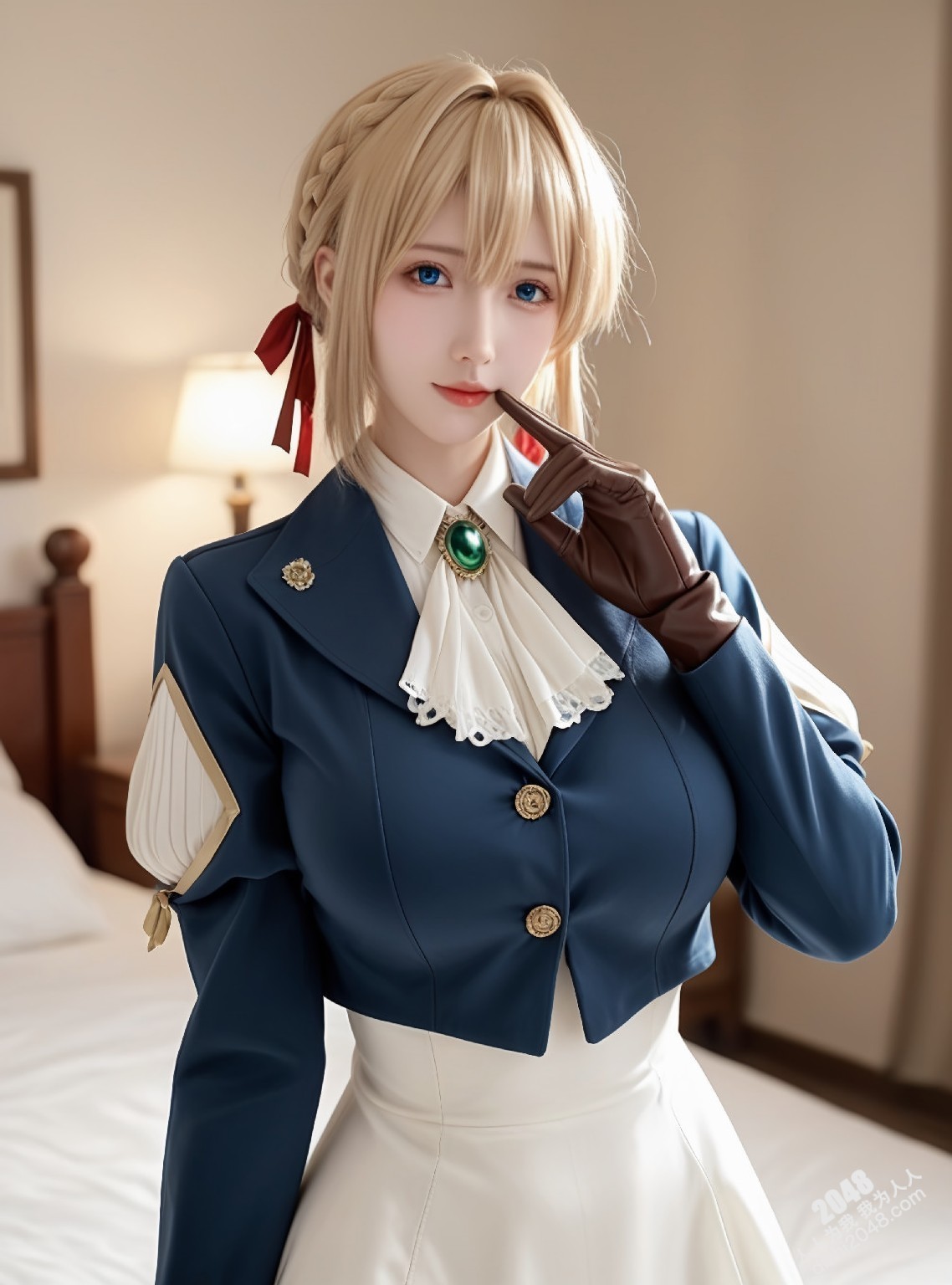 薇尔莉特cos：制服诱惑，蓝衣白衫下的曼妙曲线，纯洁与性感的完美结合(10)