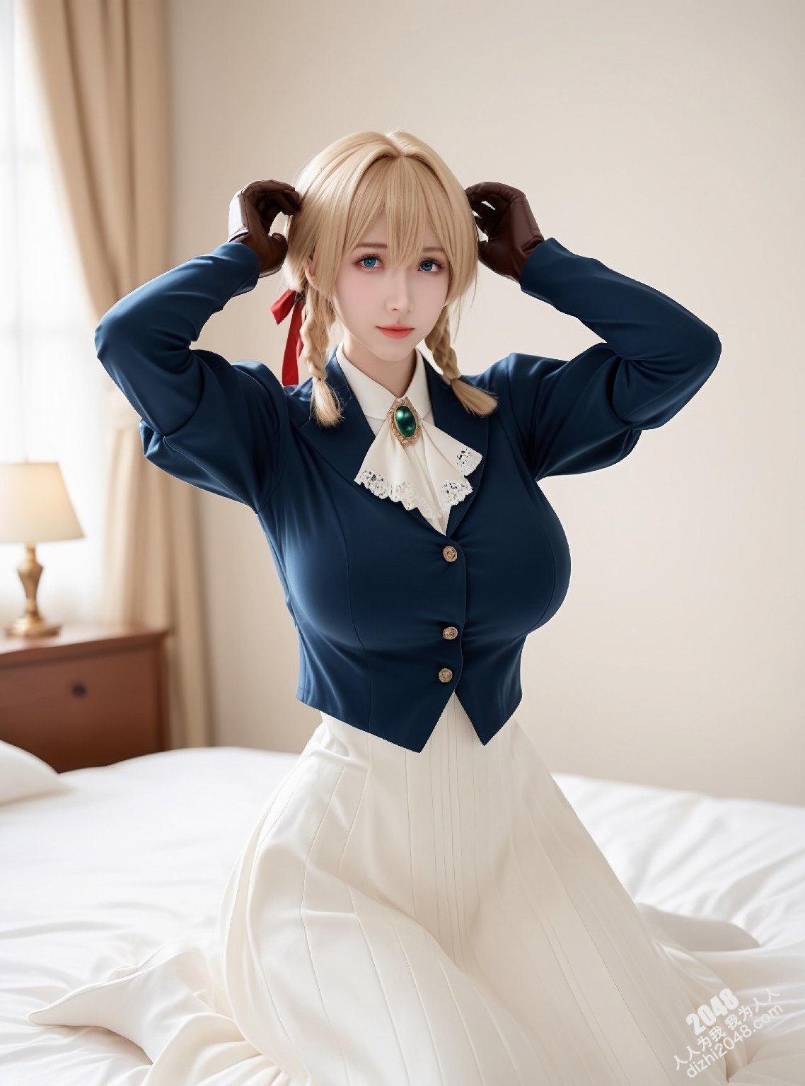 薇尔莉特cos：制服诱惑，蓝衣白衫下的曼妙曲线，纯洁与性感的完美结合(14)