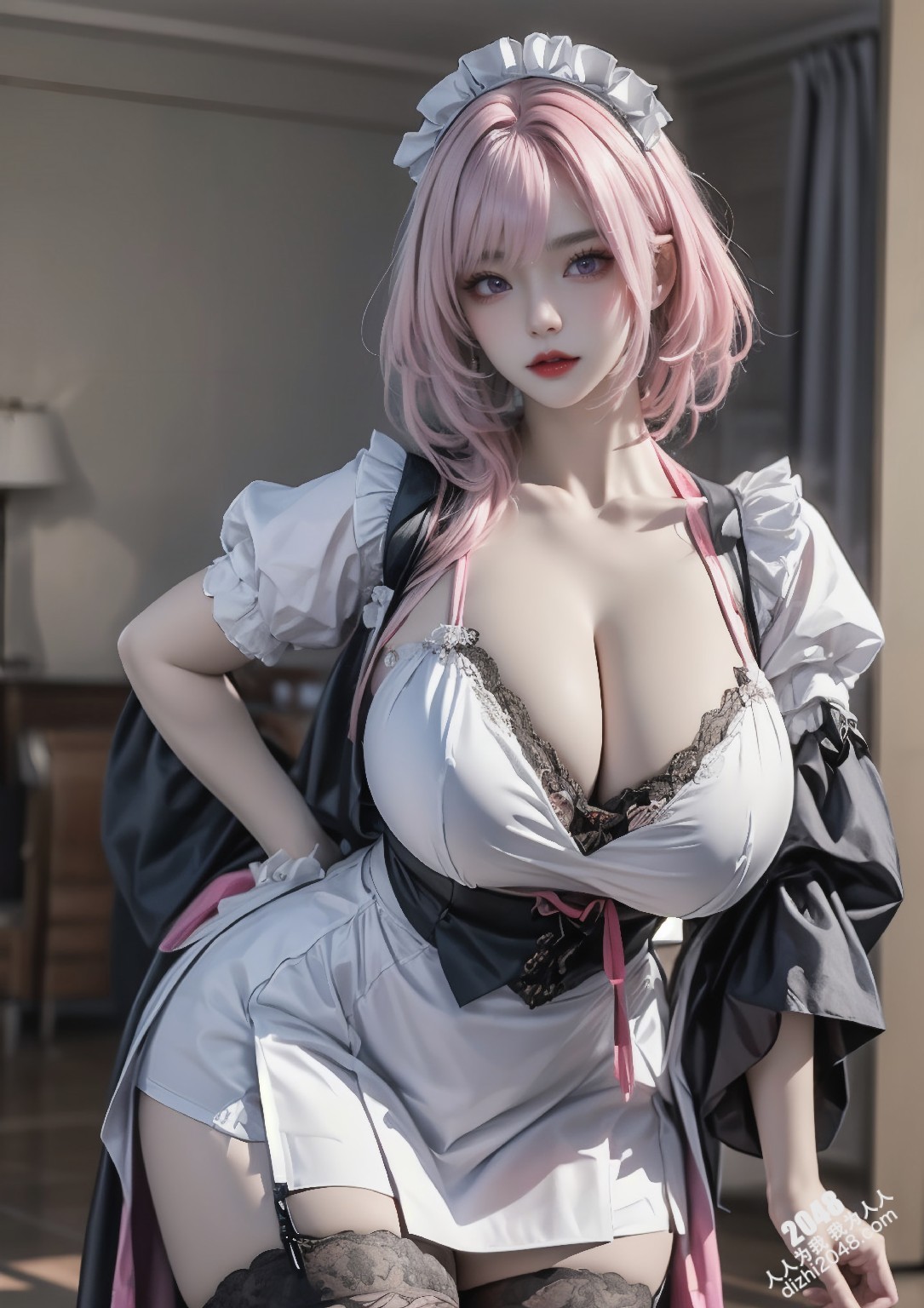 爱莉希雅的诱惑：粉发女仆装下的极致魅惑，丰满酥胸，令人心跳加速(2)