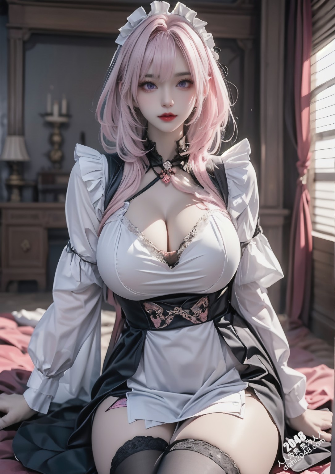 爱莉希雅的诱惑：粉发女仆装下的极致魅惑，丰满酥胸，令人心跳加速(11)