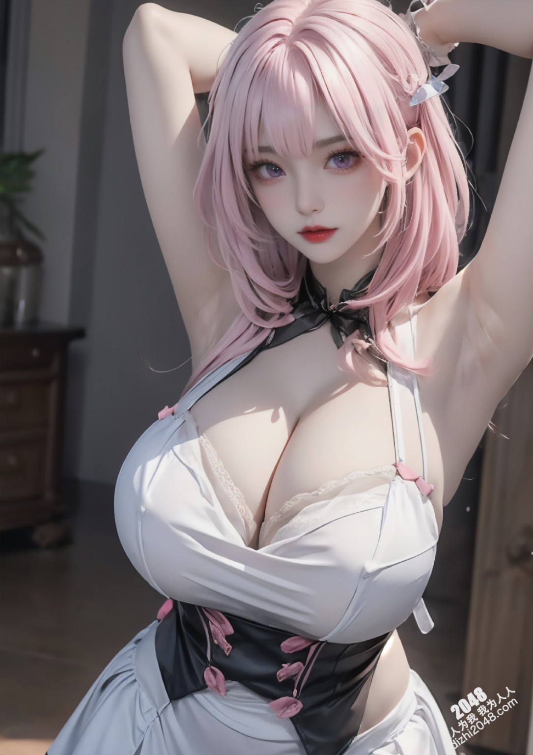 爱莉希雅的诱惑：粉发女仆装下的极致魅惑，丰满酥胸，令人心跳加速(21)