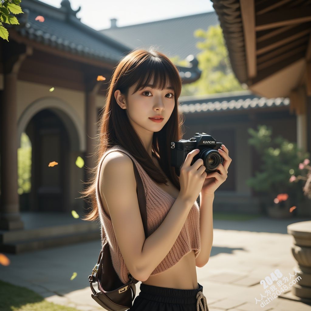 古庙清幽，少女轻抚相机，曼妙身姿若隐若现