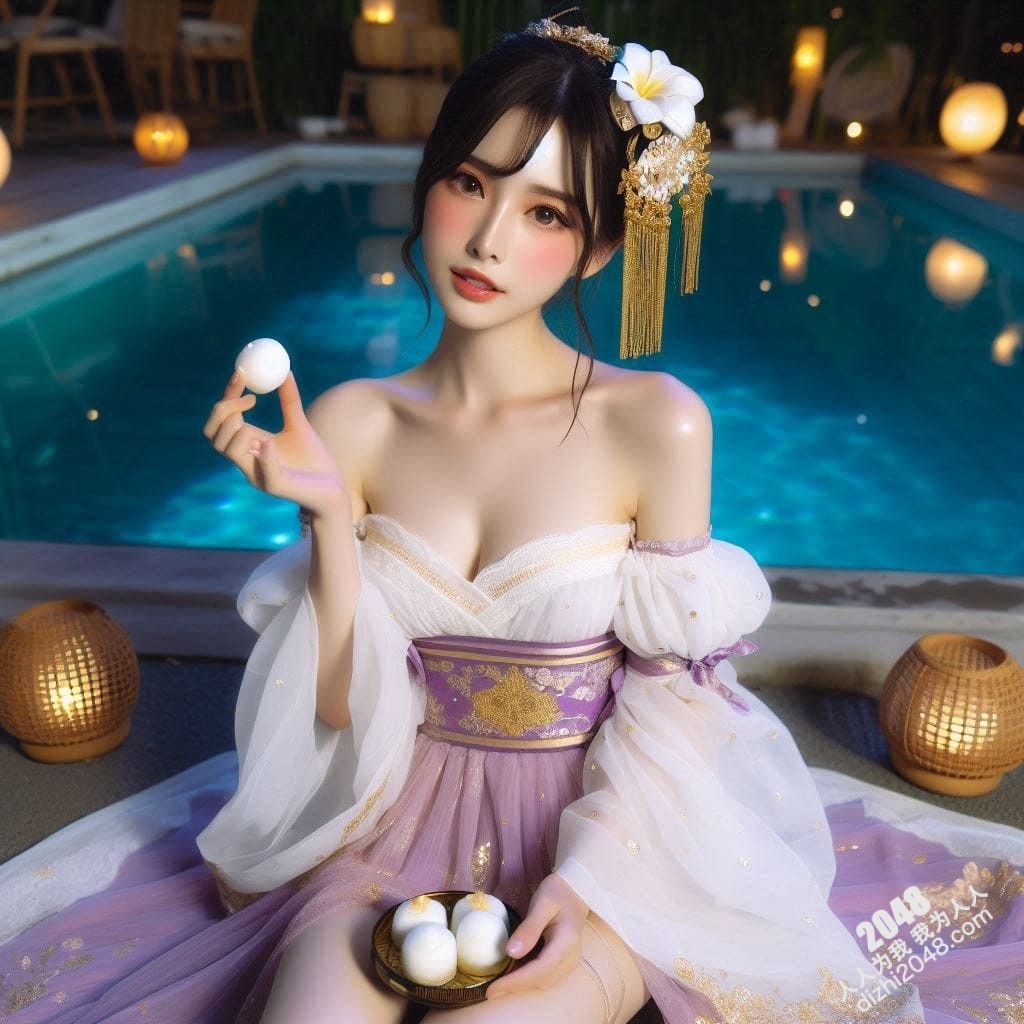 泳池边的绝色佳人：她轻咬着唇，酥胸半露，品尝着甜蜜的麻糬，月光下的诱惑