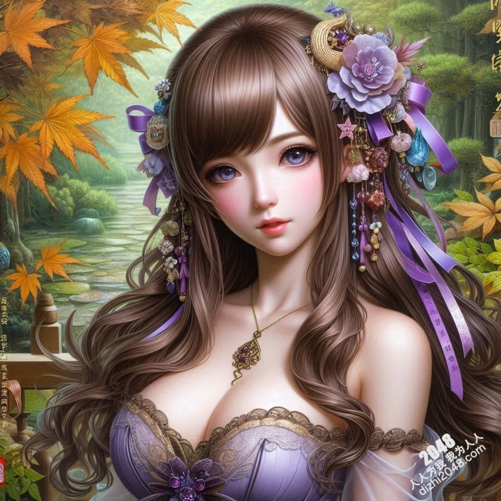 枫林深处，紫衣少女秋意，酥胸半露，眼神勾魂摄魄！高清壁纸，二次元，古风，唯美，性感，动漫，长发，紫眸，诱惑