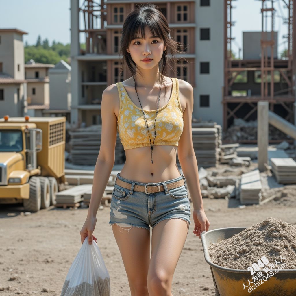 工地女神：烈日下的性感尤物，牛仔短裤难掩火辣身材，汗水浸透衣衫更添诱惑